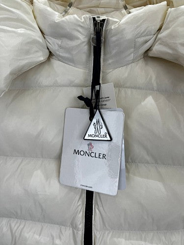 Moncler Cream White Glossy Hooded Down Jacket – Tricolor Label Slim Fit