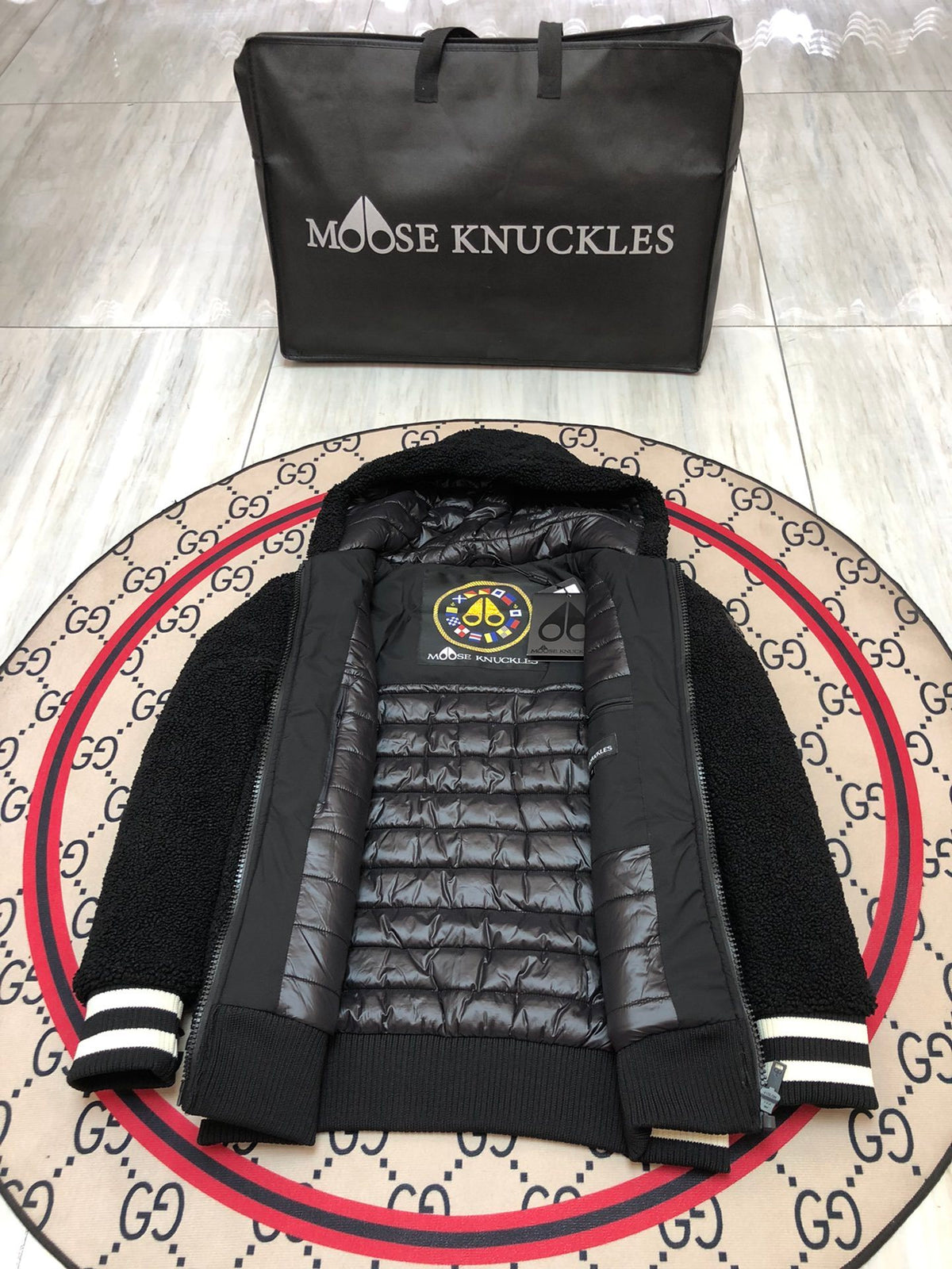 Moose Knuckles Black Sherpa Hooded Bomber Jacket – Teddy Fleece Leather Shoulder Patch MOOSE Back Embroidery Stripe Hem