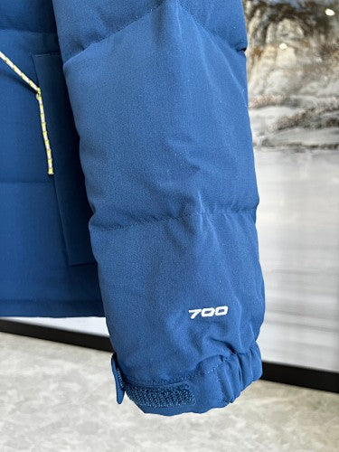 The North Face Ocean Blue and Military Olive 1996 Retro Nuptse Down Jacket – 700-Fill Wide-Baffle Two-Tone Stand Collar Orange Zip No Hood