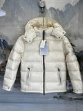 Moncler Cream White Glossy Hooded Down Jacket – Tricolor Label Slim Fit