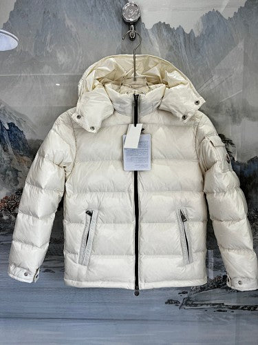 Moncler Cream White Glossy Hooded Down Jacket – Tricolor Label Slim Fit