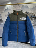 The North Face Ocean Blue and Military Olive 1996 Retro Nuptse Down Jacket – 700-Fill Wide-Baffle Two-Tone Stand Collar Orange Zip No Hood