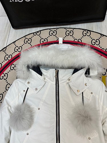 Moose Knuckles White Pom-Pom Down Parka