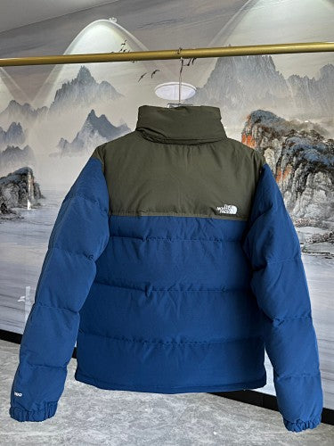 The North Face Ocean Blue and Military Olive 1996 Retro Nuptse Down Jacket – 700-Fill Wide-Baffle Two-Tone Stand Collar Orange Zip No Hood