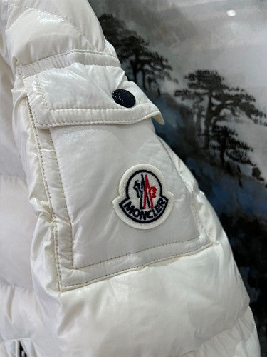 Moncler Cream White Glossy Hooded Down Jacket – Tricolor Label Slim Fit