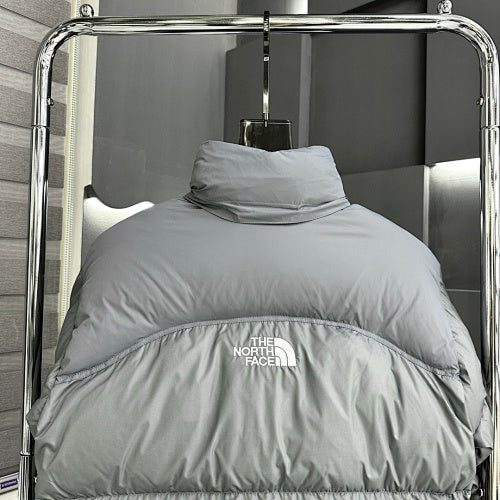 The North Face Silver Grey Nuptse 1996 Down Jacket – 700-Fill Tonal Monochrome Box Baffle Stand Collar No Hood