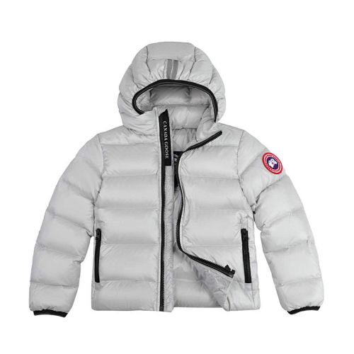 Canada Goose White Lodge Down Hoody – 625-Fill Glossy Channel-Baffle Hooded Puffer Jacket with Red Arm Badge