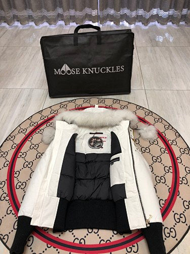 Moose Knuckles White Pom-Pom Down Parka