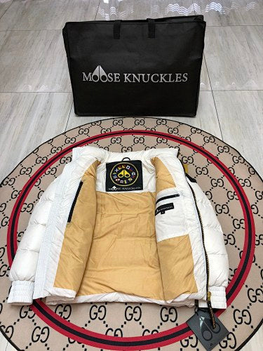 Moose Knuckles White Stirling Down Jacket – Premium Glossy Shell Wide-Baffle Stand Collar Gold Zip with MK Arm Badge