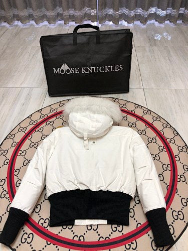 Moose Knuckles White Pom-Pom Down Parka