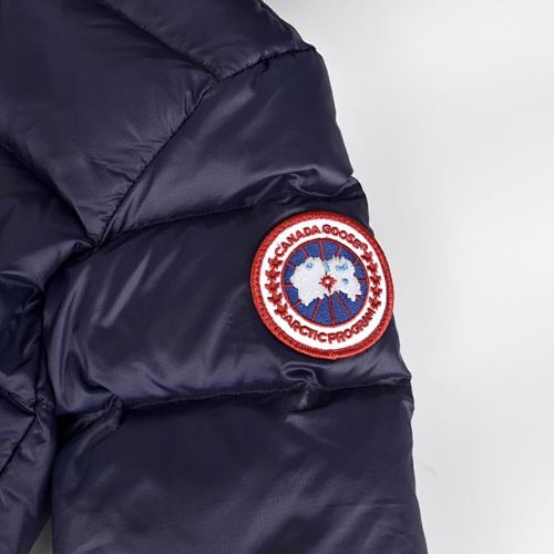 Canada Goose Navy Lodge Down Hoody – 625-Fill Glossy Channel-Baffle Hooded Puffer Jacket with Red Arm Badge