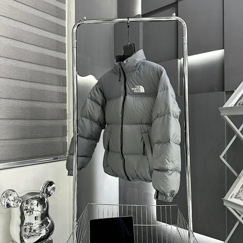 The North Face Silver Grey Nuptse 1996 Down Jacket – 700-Fill Tonal Monochrome Box Baffle Stand Collar No Hood