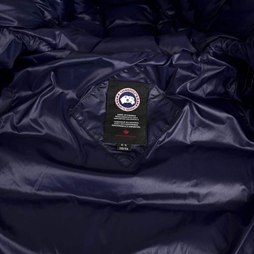 Canada Goose Navy Lodge Down Hoody – 625-Fill Glossy Channel-Baffle Hooded Puffer Jacket with Red Arm Badge