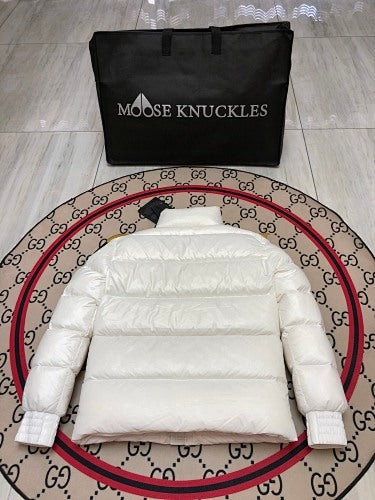 Moose Knuckles White Stirling Down Jacket – Premium Glossy Shell Wide-Baffle Stand Collar Gold Zip with MK Arm Badge