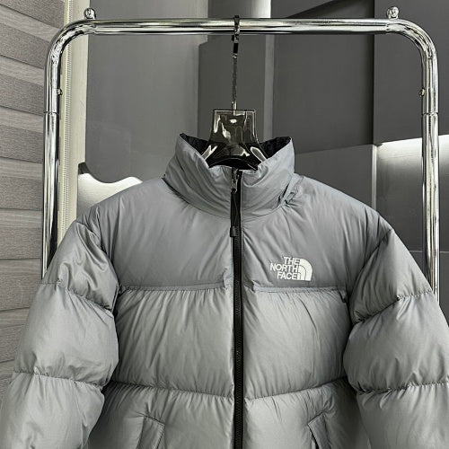 The North Face Silver Grey Nuptse 1996 Down Jacket – 700-Fill Tonal Monochrome Box Baffle Stand Collar No Hood