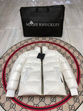 Moose Knuckles White Stirling Down Jacket – Premium Glossy Shell Wide-Baffle Stand Collar Gold Zip with MK Arm Badge