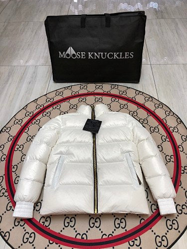 Moose Knuckles White Stirling Down Jacket – Premium Glossy Shell Wide-Baffle Stand Collar Gold Zip with MK Arm Badge