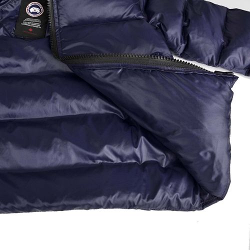 Canada Goose Navy Lodge Down Hoody – 625-Fill Glossy Channel-Baffle Hooded Puffer Jacket with Red Arm Badge