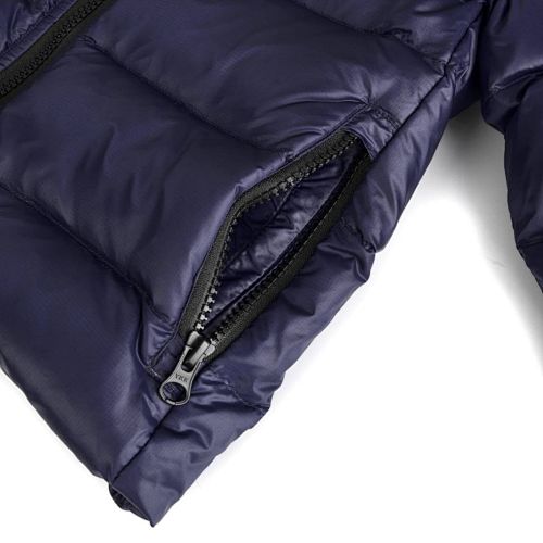 Canada Goose Navy Lodge Down Hoody – 625-Fill Glossy Channel-Baffle Hooded Puffer Jacket with Red Arm Badge