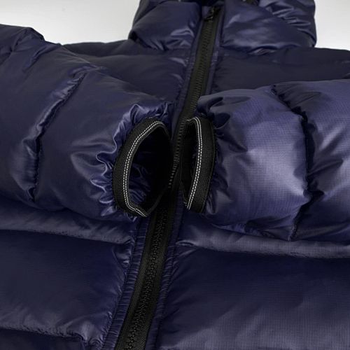 Canada Goose Navy Lodge Down Hoody – 625-Fill Glossy Channel-Baffle Hooded Puffer Jacket with Red Arm Badge