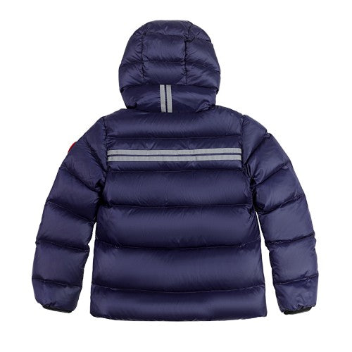 Canada Goose Navy Lodge Down Hoody – 625-Fill Glossy Channel-Baffle Hooded Puffer Jacket with Red Arm Badge