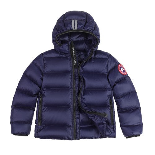 Canada Goose Navy Lodge Down Hoody – 625-Fill Glossy Channel-Baffle Hooded Puffer Jacket with Red Arm Badge
