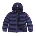 Canada Goose Navy Lodge Down Hoody – 625-Fill Glossy Channel-Baffle Hooded Puffer Jacket with Red Arm Badge