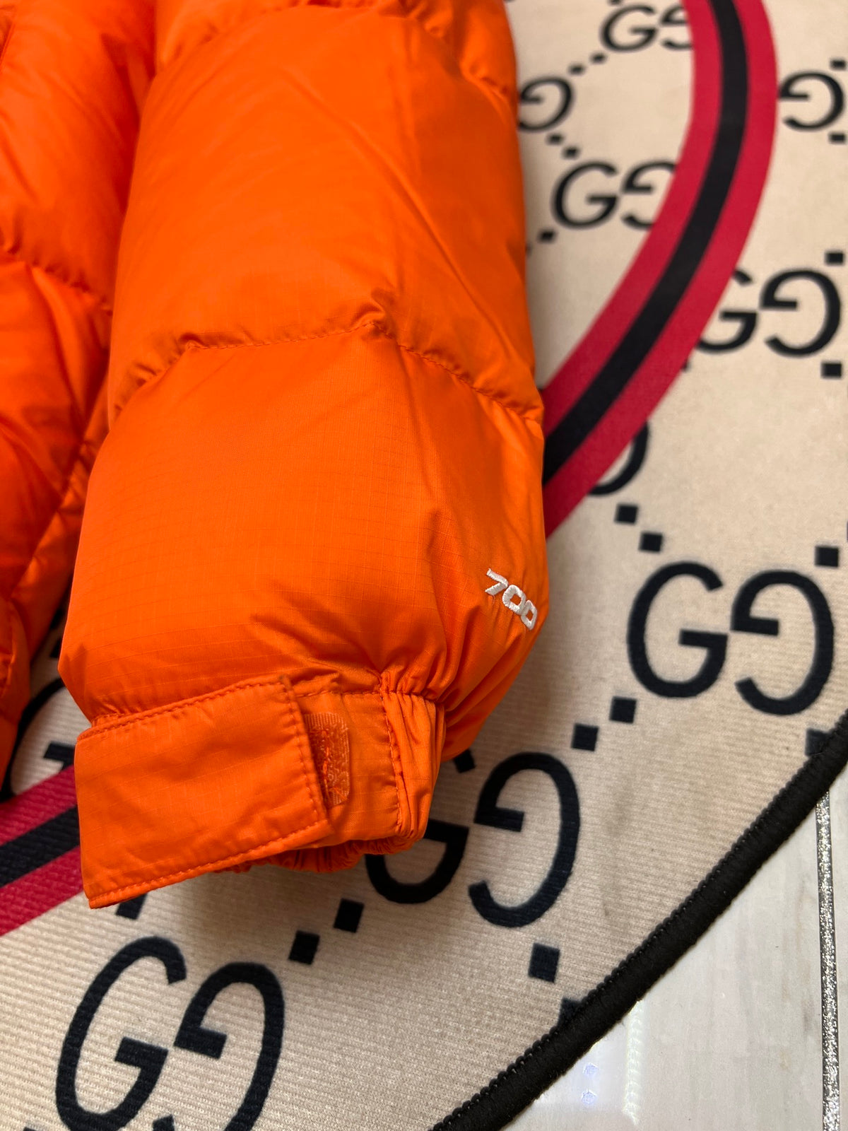 The North Face Flame Orange 1996 Retro Nuptse Hooded Down Jacket – 700-Fill Black Colour-Block Wide-Baffle