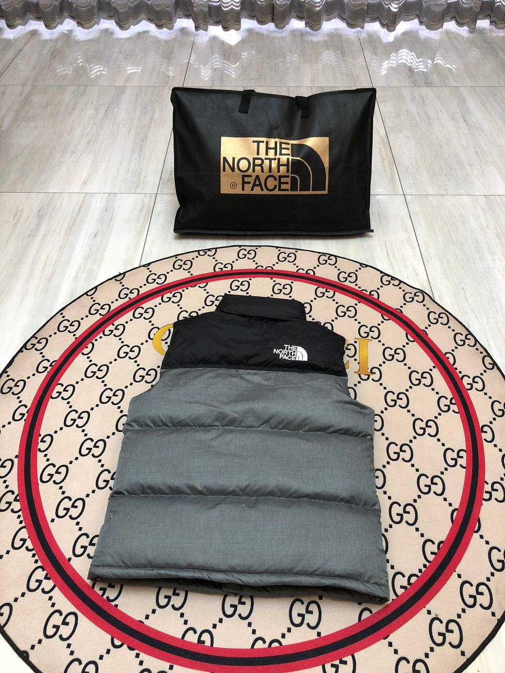 The North Face Grey & Black Nuptse Down Vest