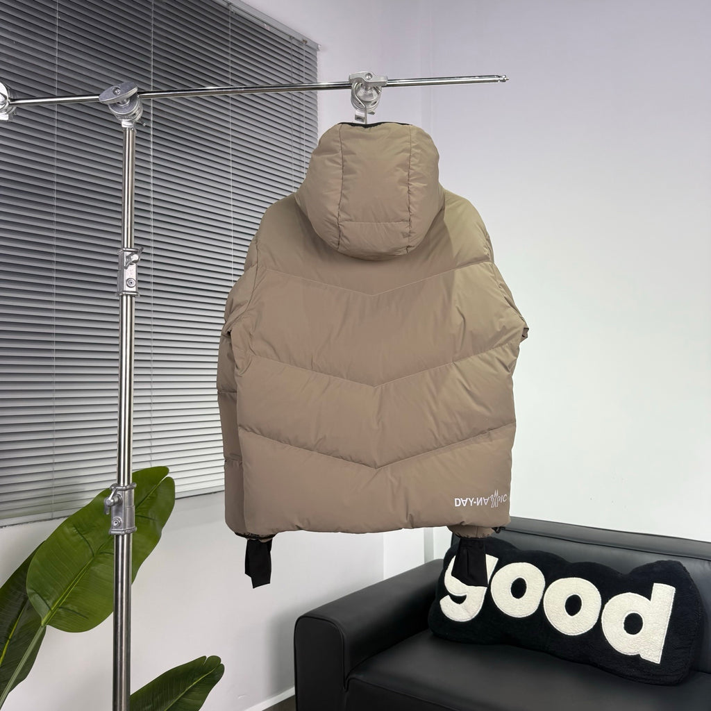 Moncler Grenoble Desert Taupe Day-Namic Hooded Down Jacket – Tricolour Zip V-Baffle Oversized Hood