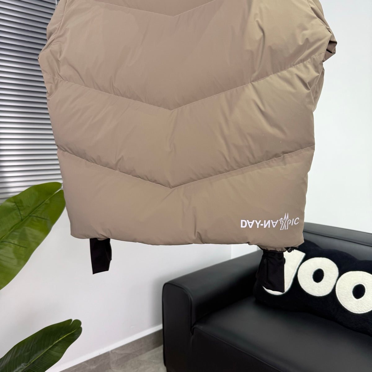 Moncler Grenoble Desert Taupe Day-Namic Hooded Down Jacket – Tricolour Zip V-Baffle Oversized Hood