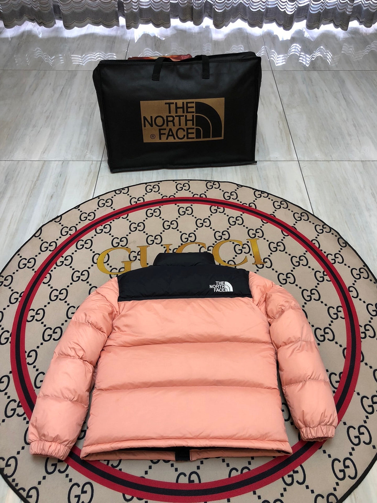 The North Face Peach Pink 1996 Retro Nuptse Down Jacket – 700-Fill Black Colour-Block Wide-Baffle No Hood