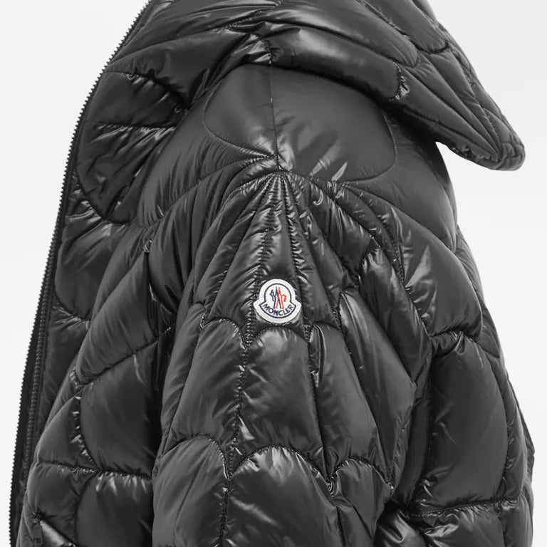 Moncler Black Glossy Hooded Down Jacket – Starburst Radial Quilt Arm Badge