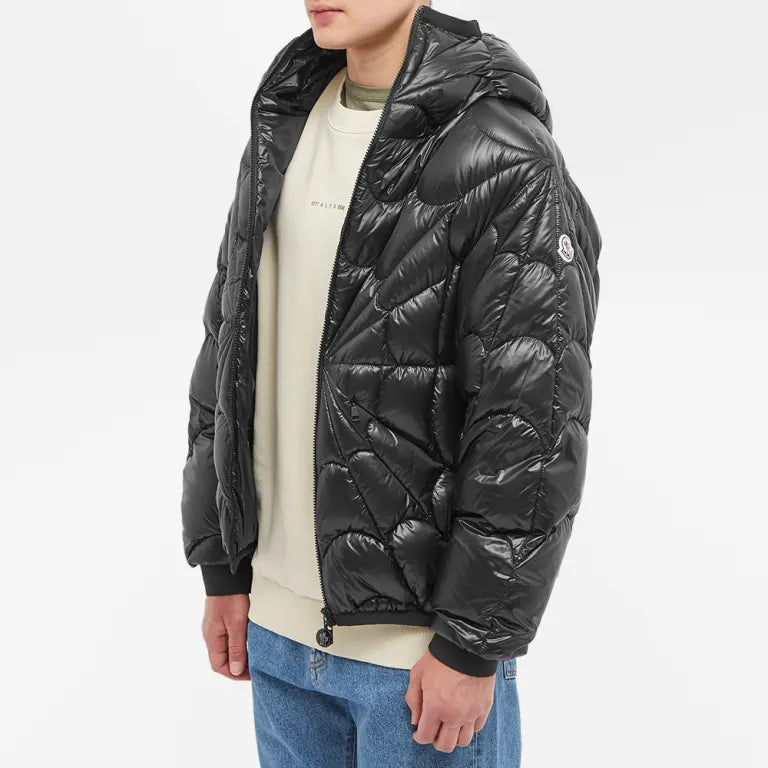 Moncler Black Glossy Hooded Down Jacket – Starburst Radial Quilt Arm Badge