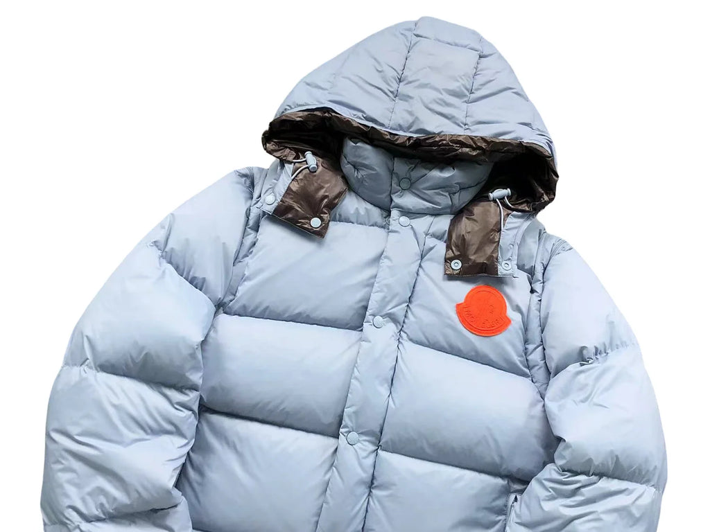 Moncler Ice Blue Hooded Puffer Jacket with Orange Logo Patch