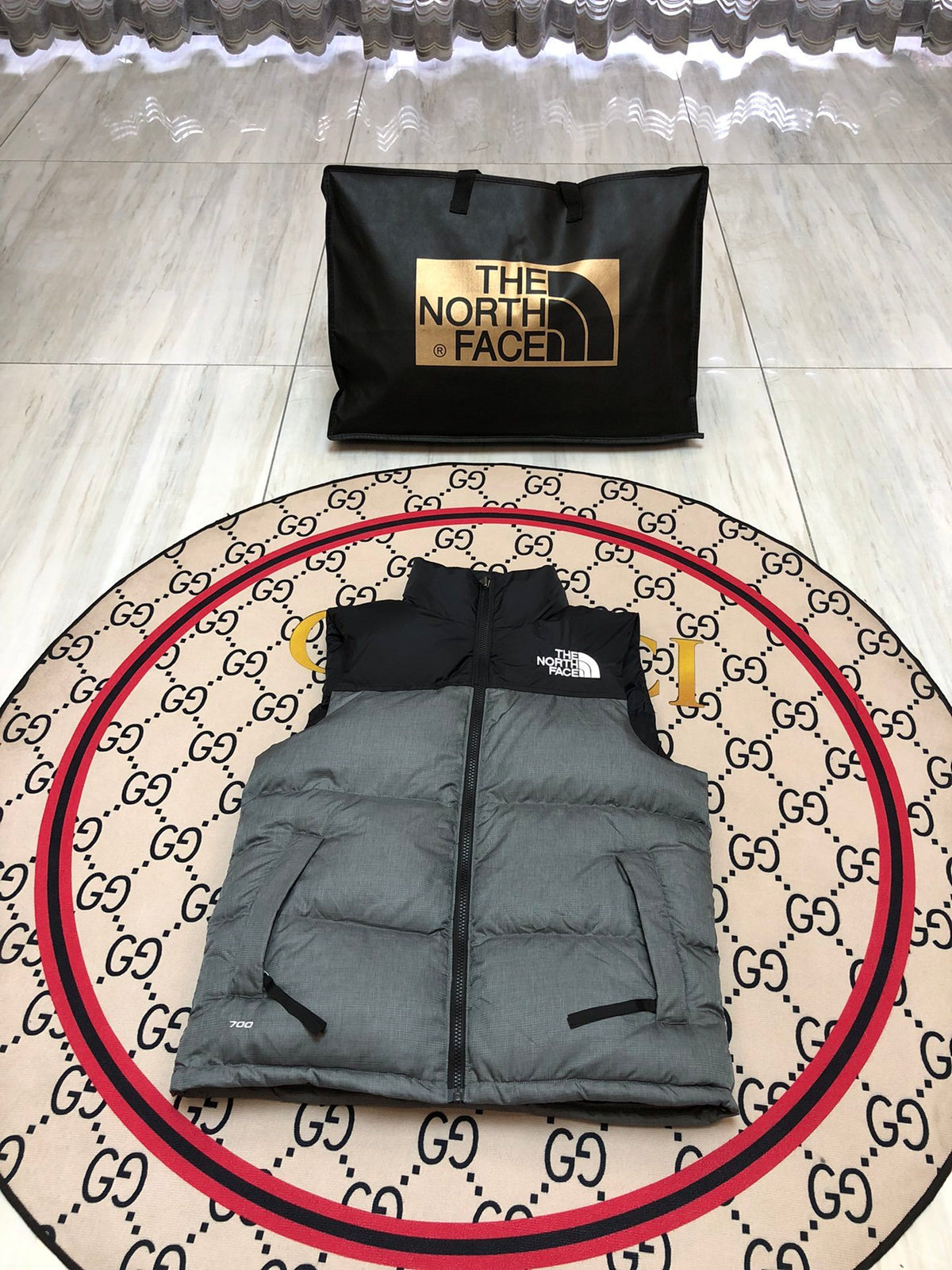 The North Face Grey & Black Nuptse Down Vest