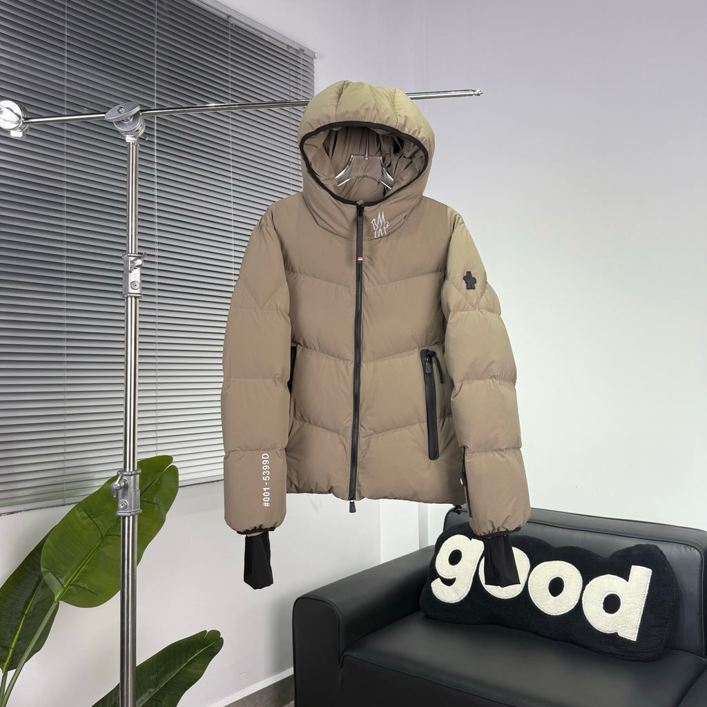 Moncler Grenoble Desert Taupe Day-Namic Hooded Down Jacket – Tricolour Zip V-Baffle Oversized Hood