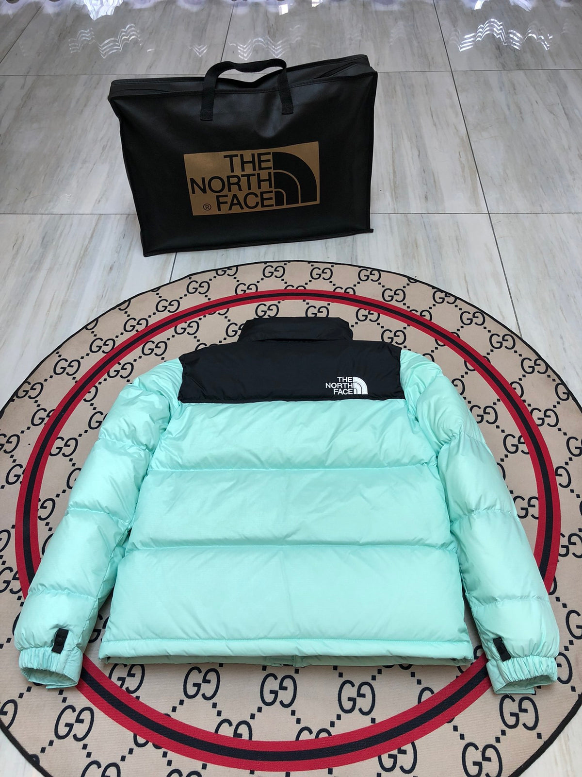 The North Face Mint Green 1996 Retro Nuptse Hooded Down Jacket – 700-Fill Black Colour-Block Wide-Baffle