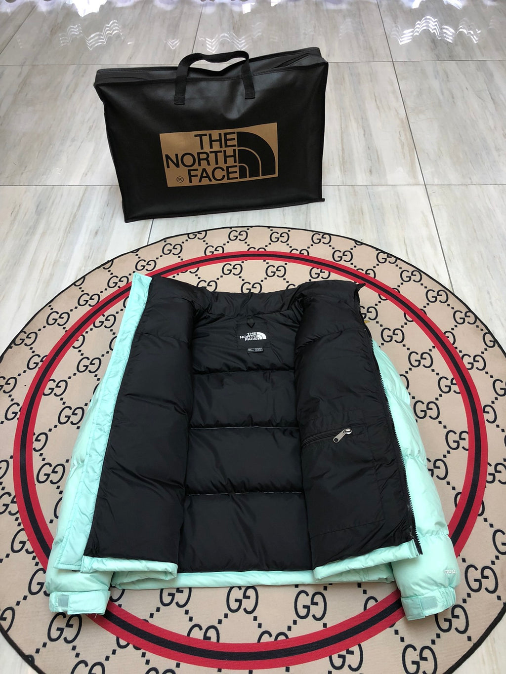 The North Face Mint Green 1996 Retro Nuptse Hooded Down Jacket – 700-Fill Black Colour-Block Wide-Baffle