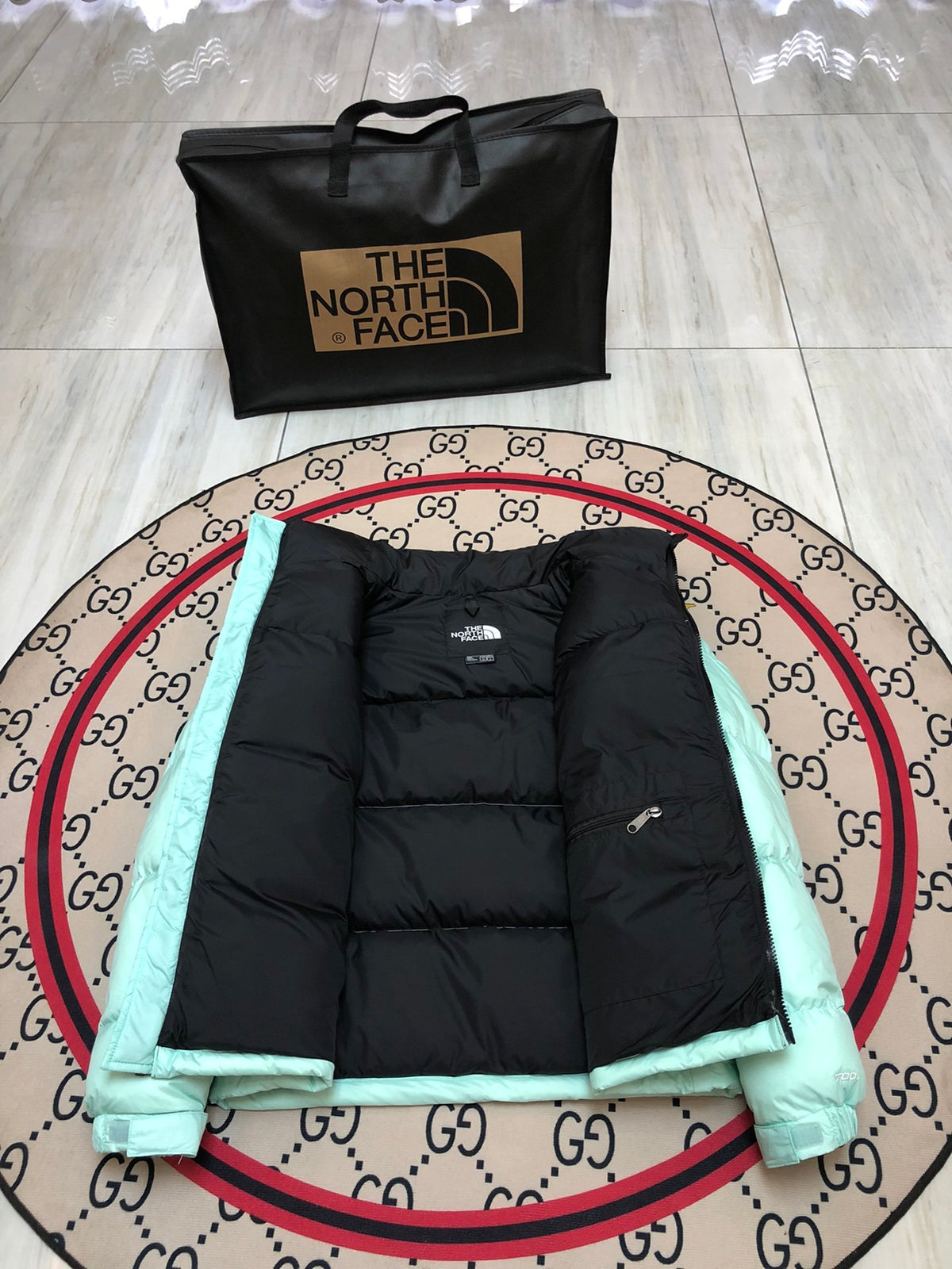 The North Face Mint Green 1996 Retro Nuptse Hooded Down Jacket – 700-Fill Black Colour-Block Wide-Baffle