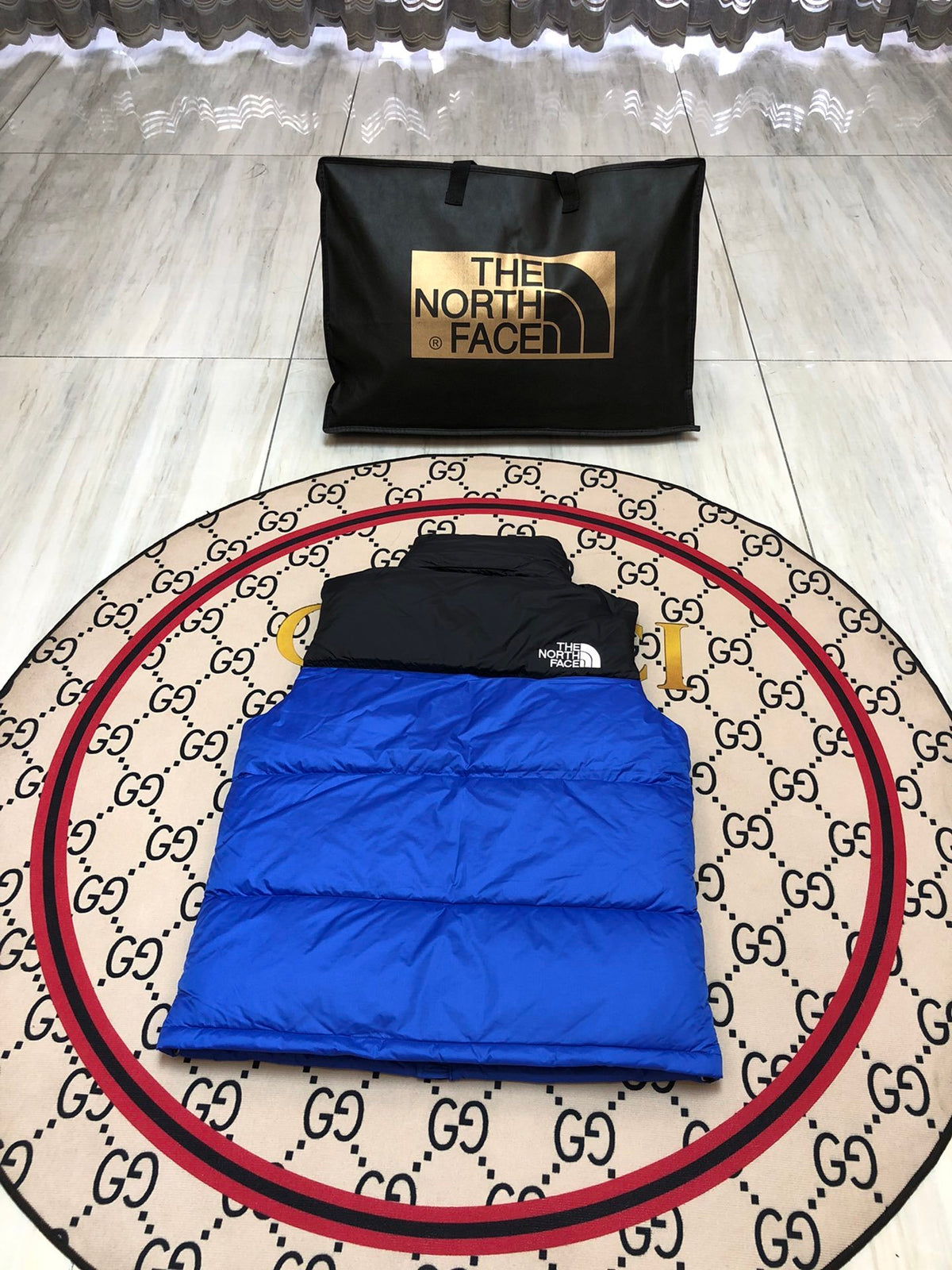 The North Face Blue & Black Nuptse Down Vest
