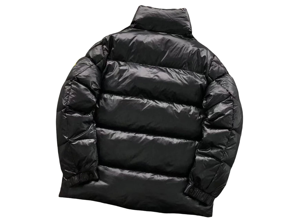 Moncler Black Glossy Stand Collar Down Jacket – Oversized Gold Suede Arm Badge