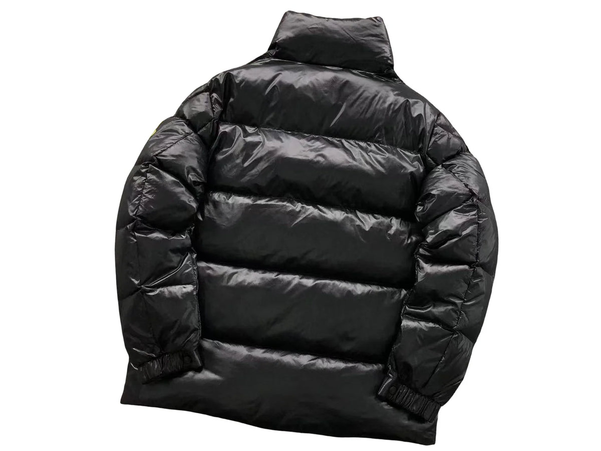 Moncler Black Glossy Stand Collar Down Jacket – Oversized Gold Suede Arm Badge