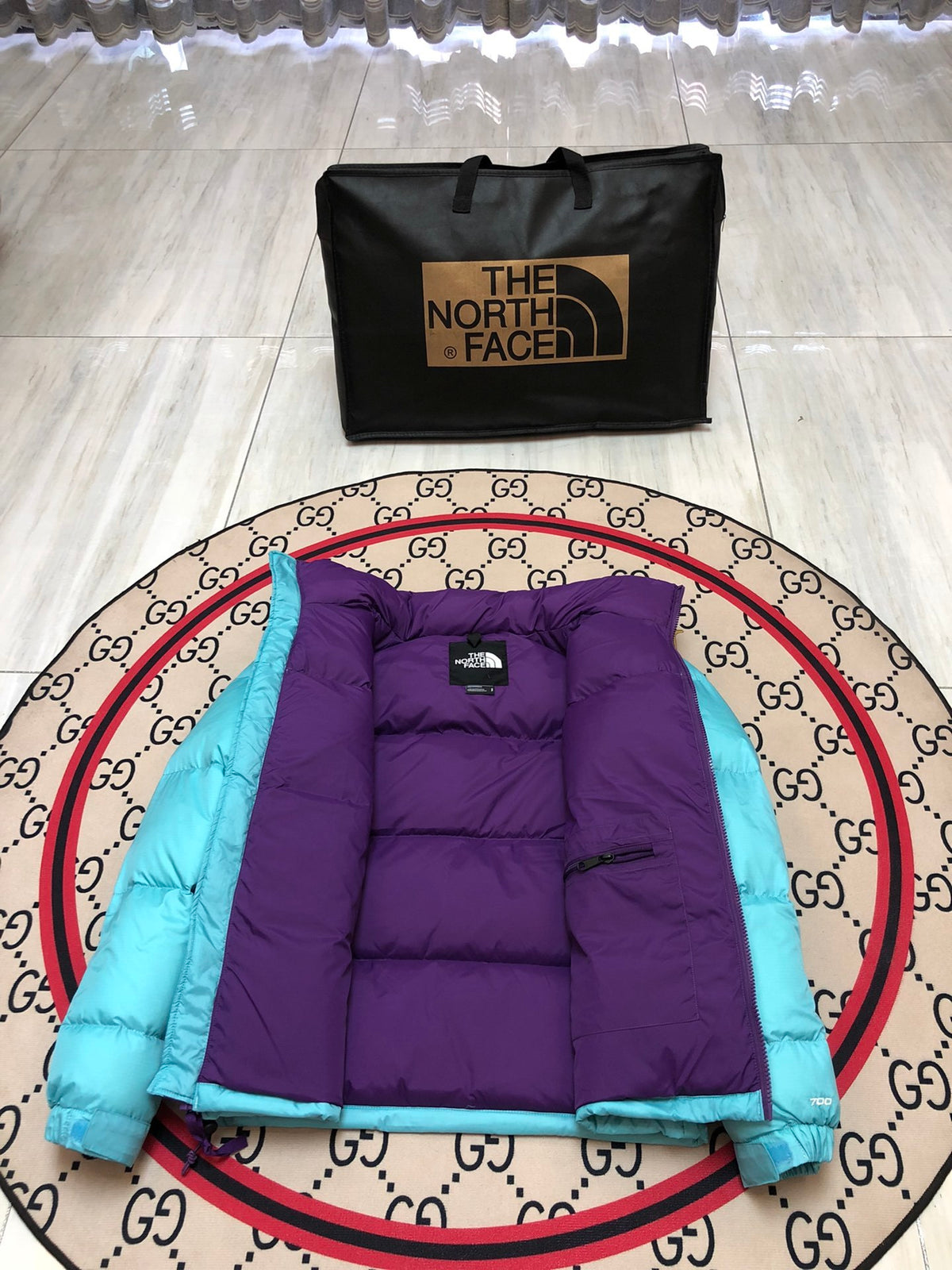 The North Face Aqua Blue 1996 Retro Nuptse Hooded Down Jacket – 700-Fill Purple Colour-Block Wide-Baffle