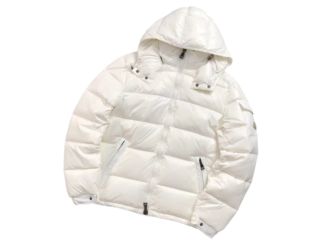 Moncler White Hooded Quilted Puffer Jacket with Sleeve Logo