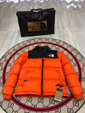 The North Face Flame Orange 1996 Retro Nuptse Hooded Down Jacket – 700-Fill Black Colour-Block Wide-Baffle