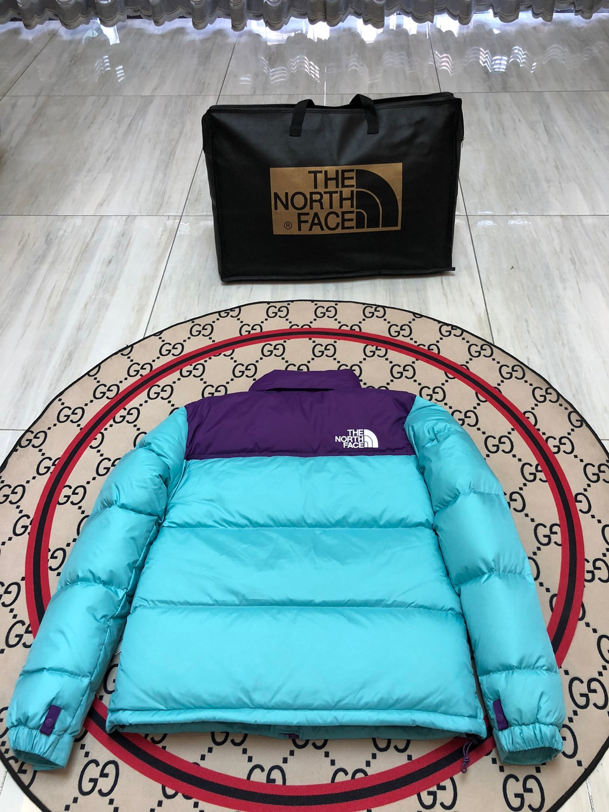 The North Face Aqua Blue 1996 Retro Nuptse Hooded Down Jacket – 700-Fill Purple Colour-Block Wide-Baffle