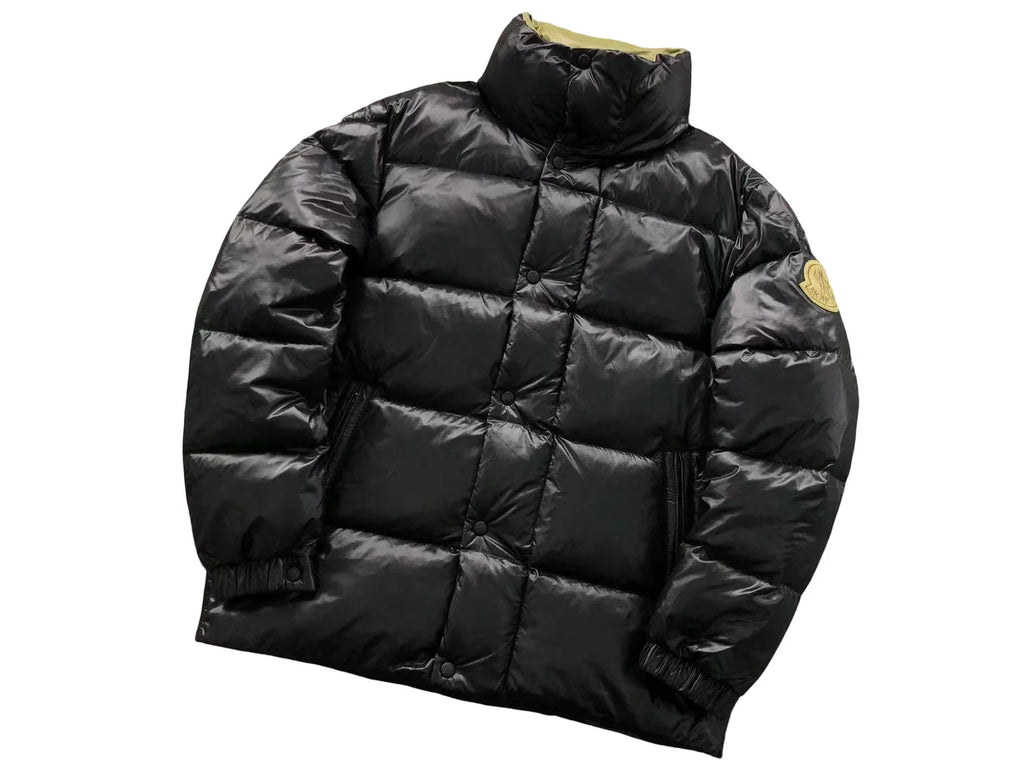 Moncler Black Glossy Stand Collar Down Jacket – Oversized Gold Suede Arm Badge