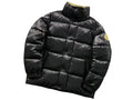 Moncler Black Glossy Stand Collar Down Jacket – Oversized Gold Suede Arm Badge