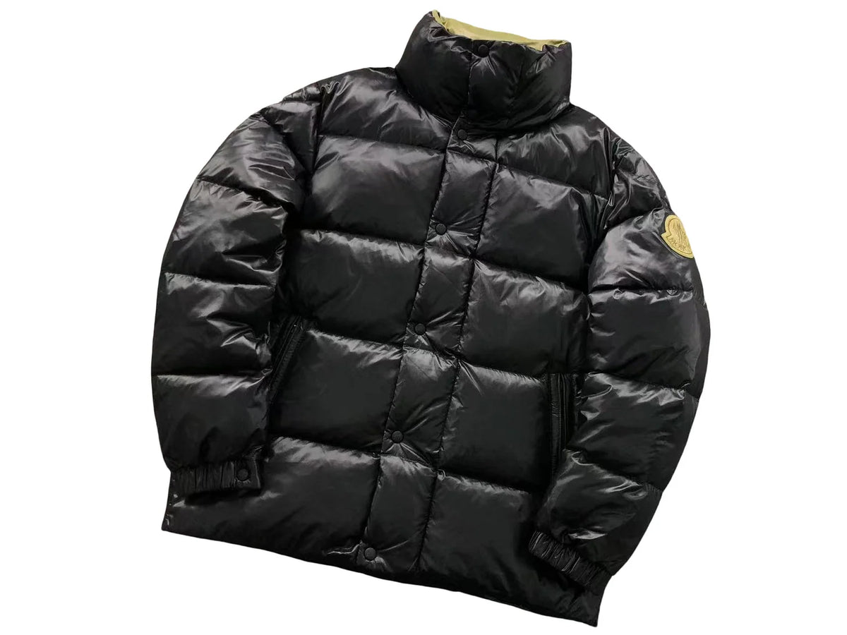 Moncler Black Glossy Stand Collar Down Jacket – Oversized Gold Suede Arm Badge